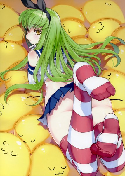 Anime picture 4000x5601 with kantai collection code geass sunrise (studio) c.c. cheese-kun creayus single long hair tall image fringe highres light erotic yellow eyes absurdres green hair scan legs cosplay shimakaze (kancolle) (cosplay) girl