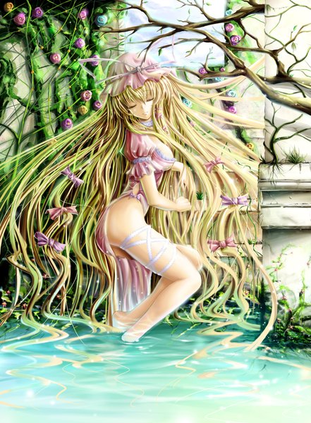 Anime picture 1700x2314 with touhou yakumo yukari saber 01 single long hair tall image highres blonde hair eyes closed legs girl bow plant (plants) hat water
