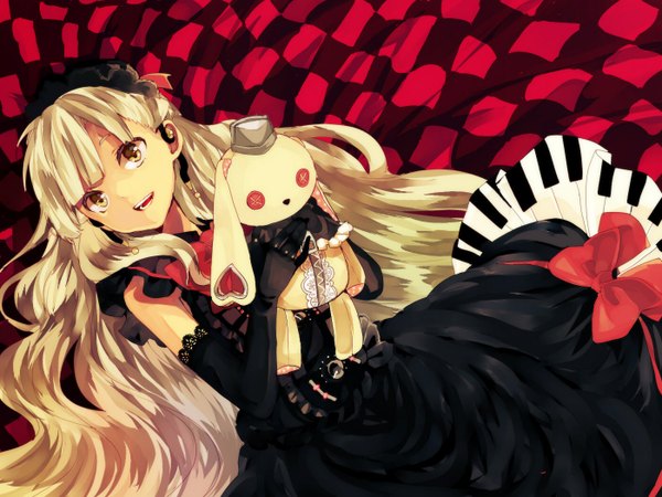 Anime picture 1400x1050 with vocaloid mayu (vocaloid) usano mimi minaduki0038 single long hair looking at viewer open mouth blonde hair yellow eyes lying checkered background girl dress gloves elbow gloves black dress toy stuffed animal