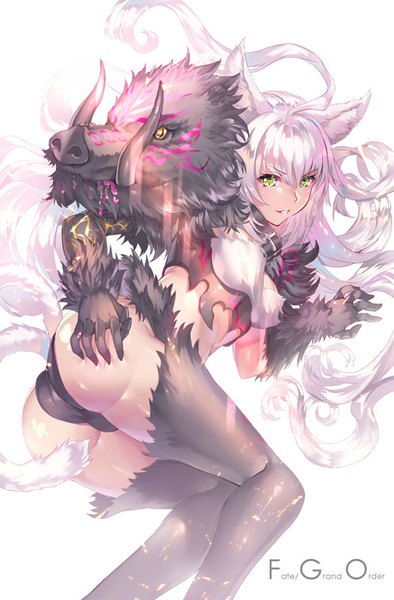 Anime picture 526x800 with fate (series) fate/grand order atalanta (fate) atalanta (alter) (fate) yoshimoto (dear life) single long hair tall image fringe light erotic simple background hair between eyes white background green eyes animal ears ahoge ass white hair tail animal tail