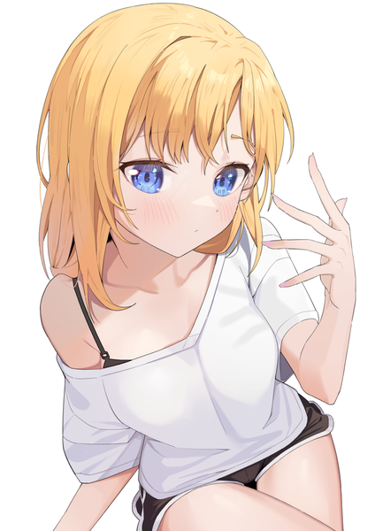 Anime picture 833x1179 with virtual youtuber hololive hololive english watson amelia syhan single tall image blush fringe short hair blue eyes simple background blonde hair white background looking away arm up from above off shoulder girl shorts
