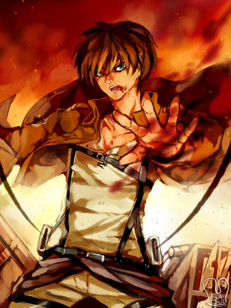 Anime picture 1200x1600 with shingeki no kyojin production i.g eren yaeger sa-dui single tall image looking at viewer short hair open mouth black hair green eyes open clothes open jacket boy belt blood pants