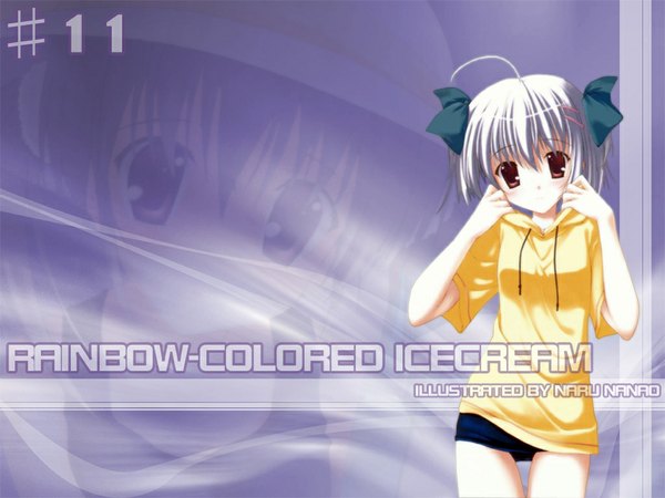 Anime picture 1024x768 with rainbow colored icecream nanao naru red eyes white hair bare legs girl ribbon (ribbons) hood hoodie buruma