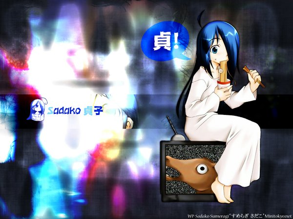 Anime picture 1024x768 with the ring yamamura sadako sadako single fringe blue hair ahoge hair over one eye girl horse
