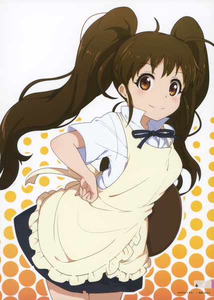 Anime picture 2490x3500 with working!! milky been! (ogipote) - anime heroine twinta-ka illubon (artbook) a-1 pictures taneshima popura ogipote single long hair tall image looking at viewer blush fringe highres smile brown hair twintails brown eyes ahoge scan hand on hip polka dot