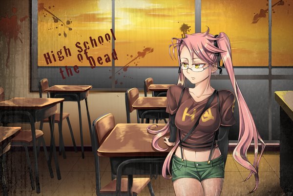 Anime picture 1536x1030 with highschool of the dead madhouse takagi saya single long hair twintails yellow eyes pink hair evening sunset girl ribbon (ribbons) hair ribbon glasses shorts window desk