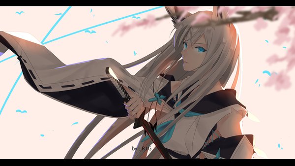 Anime picture 4092x2300 with azur lane kawakaze (azur lane) lrig0 single long hair fringe highres blue eyes wide image holding signed animal ears looking away absurdres upper body wind wide sleeves fox ears letterboxed girl