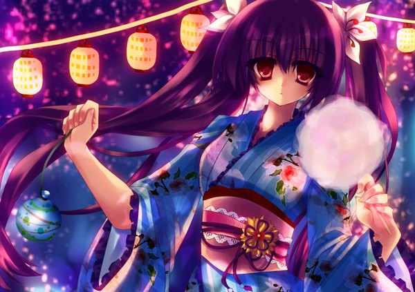 Аниме картинка 1500x1058 с kiseri momokoto красные глаза два хвостика фиолетовые волосы японская одежда фестиваль девушка кимоно