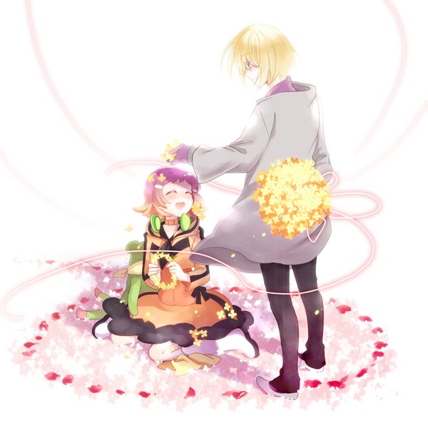 Anime picture 1500x1500 with aquarion (series) aquarion evol satelight jin musou yunoha thrul tagme (artist) blush short hair open mouth simple background blonde hair white background pink hair eyes closed multicolored hair orange hair couple back girl boy