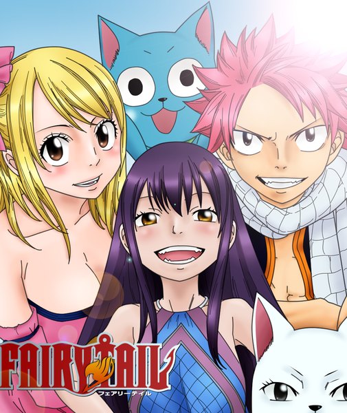 Anime picture 1024x1216 with fairy tail lucy heartfilia natsu dragneel wendy marvell happy (fairy tail) charle (fairy tail) chomocobo long hair tall image blush short hair open mouth blonde hair smile bare shoulders multiple girls brown eyes pink hair sky purple hair