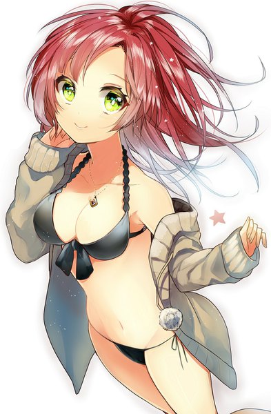 Anime picture 920x1402 with original sogawa single long hair tall image looking at viewer breasts light erotic simple background smile large breasts white background green eyes cleavage red hair long sleeves from above looking up hand on face front-tie top