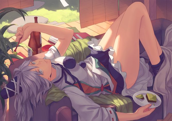 Anime-Bild 1800x1273 mit touhou mononobe no futo liuli (llc) single long hair looking at viewer highres silver hair lying bare legs on back silver eyes girl dress hat food book (books) couch bottle alcohol