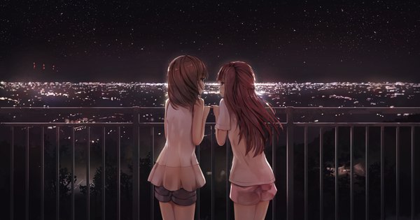 Anime picture 1651x868 with original missle228 long hair blush open mouth brown hair wide image standing bare shoulders multiple girls brown eyes looking away outdoors profile from behind night short sleeves night sky sleeveless city