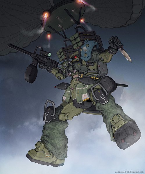 Anime picture 1333x1603 with original nomansnodead tall image holding signed cloud (clouds) glowing spread arms glowing eye (eyes) no people midair science fiction weapon gun knife mecha scope machine gun rocket launcher parachute