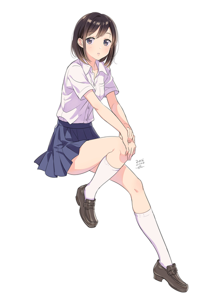 Anime picture 1004x1417 with original morikura en single tall image looking at viewer blush short hair breasts black hair simple background white background sitting purple eyes signed full body bent knee (knees) parted lips pleated skirt :o shadow