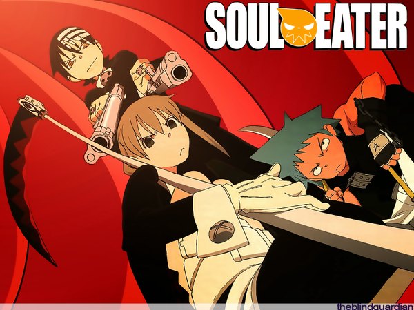 Anime picture 1600x1200 with soul eater studio bones maka albarn death the kid black star multicolored hair two-tone hair streaked hair red background gun tagme