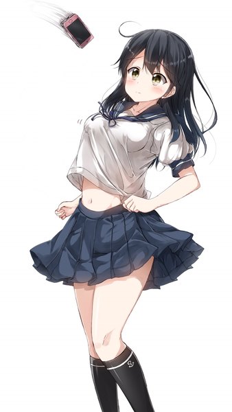 Anime picture 1154x2048 with kantai collection ushio destroyer pentagon (railgun ky1206) single long hair tall image blush fringe breasts light erotic black hair simple background large breasts standing white background yellow eyes looking away ahoge pleated skirt short sleeves