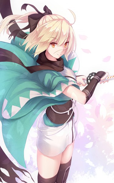 Anime picture 2000x3200 with fate (series) fate/grand order koha-ace okita souji (fate) (all) okita souji (koha-ace) bakanoe single tall image fringe highres short hair blonde hair smile hair between eyes white background holding looking away ponytail traditional clothes japanese clothes