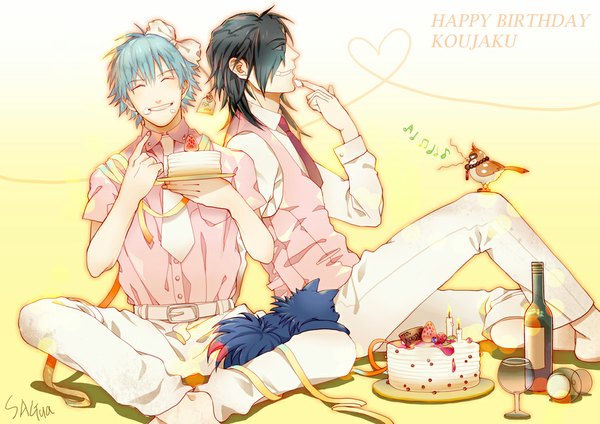 Anime picture 1052x744 with dramatical murder nitro+chiral aoba (dmmd) ren (dmmd) koujaku beni (dmmd) sagua short hair black hair smile sitting signed blue hair eyes closed profile multiple boys gradient background yellow background happy birthday heart of string