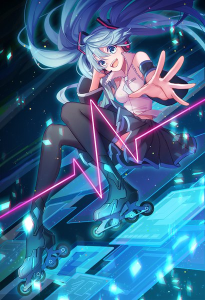 Anime picture 750x1097 with project diva f 2nd vocaloid hatsune miku sougishi ego single tall image looking at viewer fringe open mouth blue eyes smile hair between eyes twintails blue hair bent knee (knees) very long hair pleated skirt wide sleeves teeth floating hair