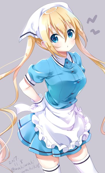 Anime picture 2170x3576 with blend s a-1 pictures hinata kaho neki (wakiko) single tall image looking at viewer blush fringe highres blue eyes blonde hair simple background hair between eyes twintails signed very long hair grey background :o zettai ryouiki