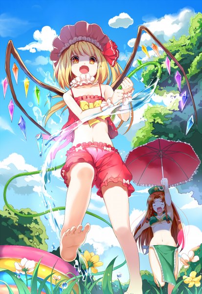 Anime picture 1000x1453 with touhou flandre scarlet hong meiling greetload tall image short hair open mouth light erotic blonde hair red eyes multiple girls braid (braids) twin braids one side up girl flower (flowers) 2 girls swimsuit bikini wings