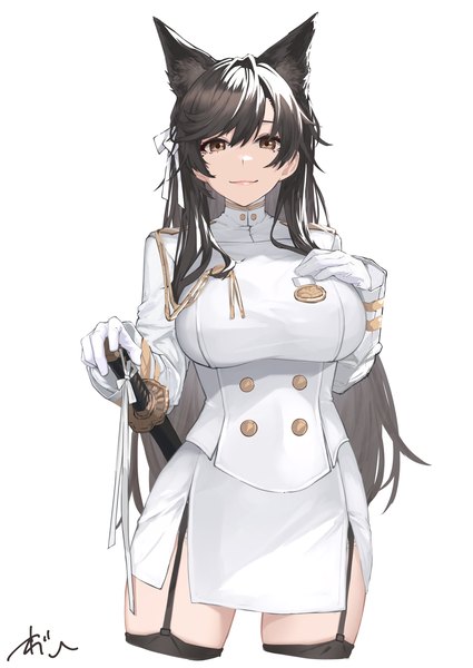 Anime picture 1075x1518 with azur lane atago (azur lane) oregano (olgn eao) single long hair tall image looking at viewer blush fringe black hair simple background smile hair between eyes standing white background brown eyes signed animal ears hand on chest extra ears