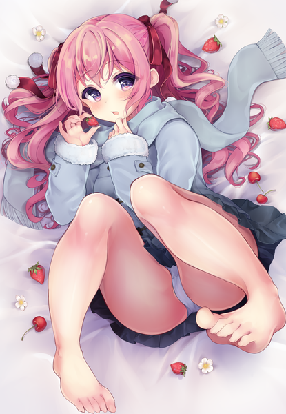 Anime picture 1000x1444 with original momoirone single long hair tall image looking at viewer blush light erotic purple eyes pink hair lying barefoot from above on back two side up girl underwear panties ribbon (ribbons) hair ribbon