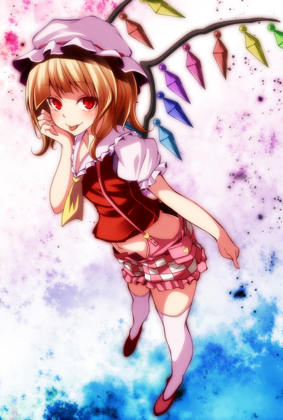 Anime picture 1417x2100 with touhou flandre scarlet s-syogo single tall image looking at viewer blush short hair blonde hair red eyes girl thighhighs white thighhighs wings tongue crystal