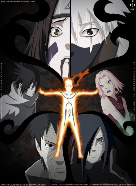 Anime picture 1750x2384 with naruto studio pierrot naruto (series) uzumaki naruto uchiha sasuke haruno sakura uchiha madara hatake kakashi uchiha obito tobi nohara rin itachis999 long hair tall image highres short hair open mouth black hair red eyes multiple girls