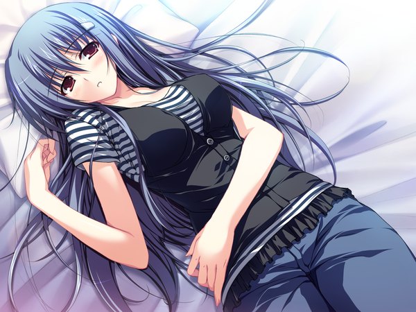 Anime picture 1600x1200 with akatsuki no goei kanzaki moe tomose shunsaku single long hair looking at viewer blush breasts red eyes large breasts blue hair game cg lying parted lips on back girl pillow bed bedsheet vest