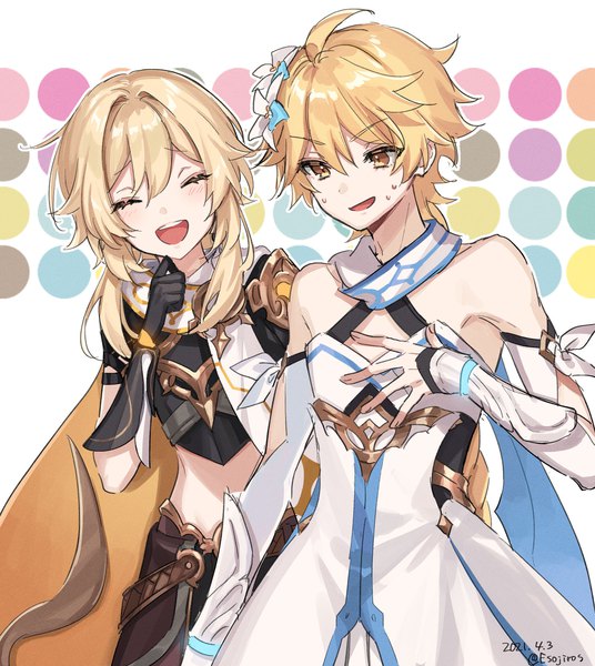Anime picture 1704x1907 with genshin impact lumine (genshin impact) aether (genshin impact) amaichi esora long hair tall image fringe highres blonde hair hair between eyes signed yellow eyes eyes closed twitter username dated sweatdrop ^ ^ siblings cosplay twins