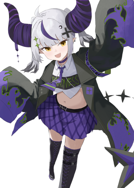 Anime picture 2591x3624 with virtual youtuber hololive la+ darknesss la+ darknesss (3rd costume) evening rabbit single tall image looking at viewer highres short hair open mouth twintails yellow eyes silver hair ahoge tail :d multicolored hair horn (horns) open clothes