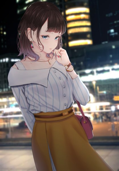 Anime picture 1668x2388 with original saitou (lynx-shrike) single tall image looking at viewer fringe blue eyes brown hair standing blunt bangs nail polish fingernails blurry night mole depth of field mole under eye city striped cityscape