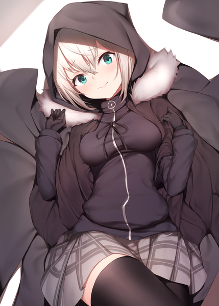 Anime picture 1036x1450 with fate (series) lord el-melloi ii case files gray (fate) maosame single tall image looking at viewer blush fringe short hair breasts simple background smile hair between eyes standing white background sitting white hair long sleeves head tilt
