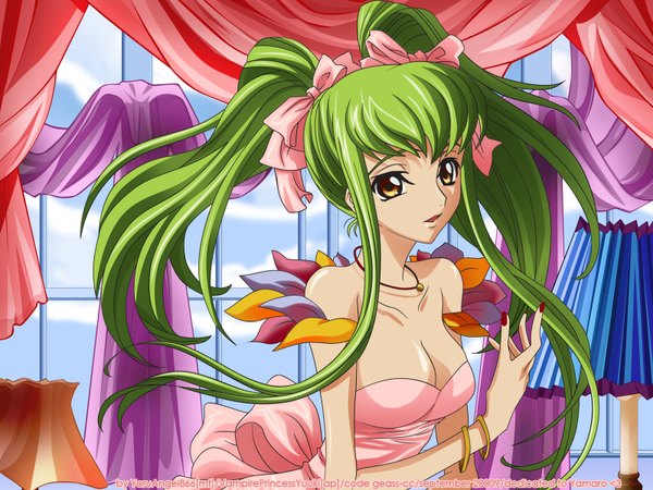 Anime picture 1600x1200 with code geass sunrise (studio) c.c. single long hair fringe breasts bare shoulders yellow eyes looking away indoors nail polish parted lips green hair girl dress ribbon (ribbons) hair ribbon window