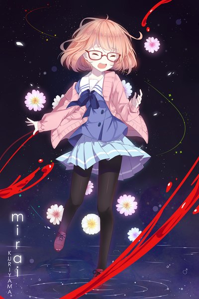 Anime picture 1200x1800 with kyoukai no kanata kyoto animation kuriyama mirai hitsukuya single tall image short hair open mouth blonde hair eyes closed dark background girl skirt uniform flower (flowers) school uniform pantyhose glasses blood sweater