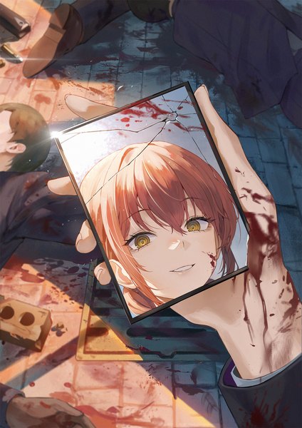 Anime picture 1508x2133 with chainsaw man mappa makima (chainsaw man) mrr 05 single tall image fringe smile hair between eyes holding yellow eyes red hair reflection blood on face girl blood mirror corpse