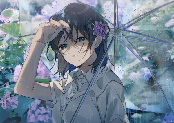 Anime picture 1413x1000 with original omutatsu single looking at viewer fringe short hair blue eyes black hair hair between eyes upper body outdoors nail polish parted lips arm up hair flower shaded face rain wet clothes open collar wet shirt