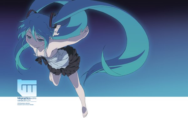 イラスト 1920x1200 と ボーカロイド 初音ミク かんざき ソロ 長髪 highres 笑顔 wide image ツインテール very long hair 裸足 aqua eyes aqua hair 壁紙 legs sleeveless casual 女の子 スカート キャミソール