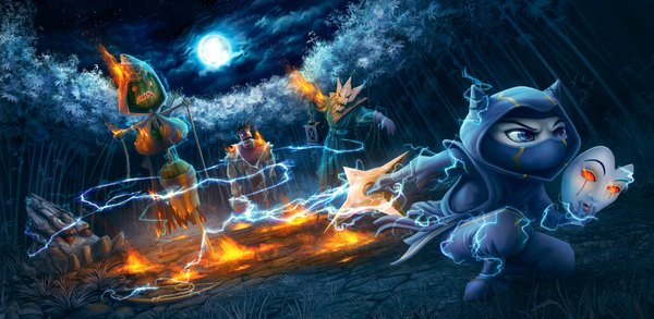 Anime picture 1920x940 with league of legends ashe (league of legends) kennen (league of legends) dr. mundo (league of legends) malphite (league of legends) tagme (artist) single highres wide image cloud (clouds) night jumping lightning plant (plants) animal tree (trees) moon mask full moon fire