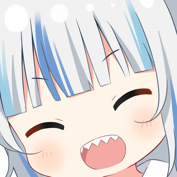 Anime picture 1000x1000 with virtual youtuber hololive hololive english gawr gura deyui single blush fringe open mouth silver hair blunt bangs eyes closed multicolored hair teeth streaked hair close-up transparent background face ^ ^ sharp teeth
