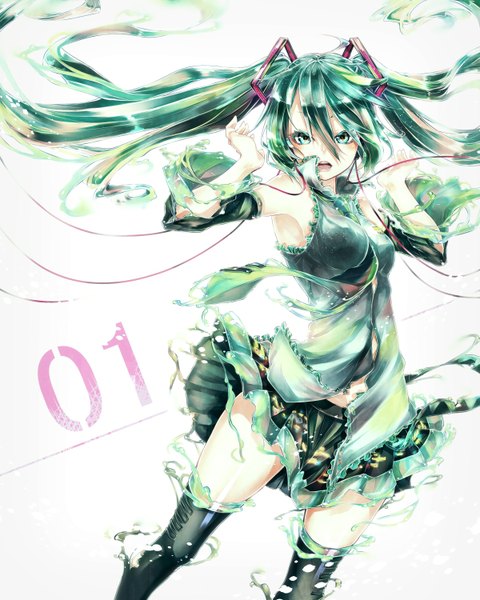 Anime picture 1200x1500 with vocaloid hatsune miku yokiri single long hair tall image looking at viewer open mouth simple background white background twintails bare shoulders aqua eyes aqua hair liquid clothes girl thighhighs black thighhighs detached sleeves wire (wires)