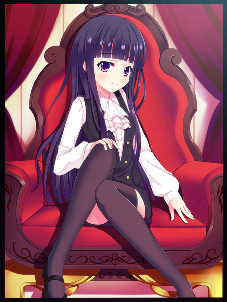 Anime picture 1200x1600 with inu x boku ss david production shirakiin ririchiyo kazane kirito single long hair tall image looking at viewer blush smile sitting purple eyes purple hair girl thighhighs black thighhighs shirt shoes chair