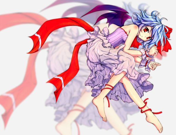 Anime picture 1200x921 with touhou remilia scarlet mugen soukyuu (artist) dacho (artist) single short hair red eyes bare shoulders blue hair barefoot zoom layer girl dress ribbon (ribbons) wings