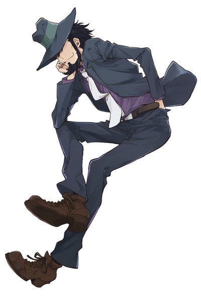 Anime picture 1378x2067 with lupin iii jigen daisuke hoyano single tall image short hair black hair simple background smile white background sitting full body hand in pocket smoking chin rest hat over eyes boy hat necktie cigarette