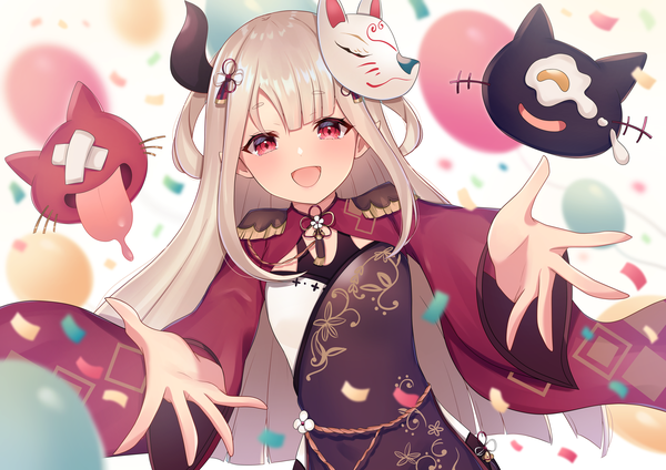 Anime picture 7016x4961 with virtual youtuber nijisanji naraka (nijisanji) sayo shigure (sayosigure) single long hair looking at viewer highres open mouth red eyes absurdres silver hair :d horn (horns) pointy ears two side up outstretched hand mask on head girl mask