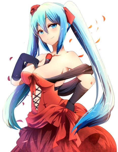 Anime picture 1245x1600 with vocaloid hatsune miku umakatsuhai single long hair tall image looking at viewer blush blue eyes smile twintails bare shoulders blue hair hand on hip between breasts girl dress gloves petals black gloves