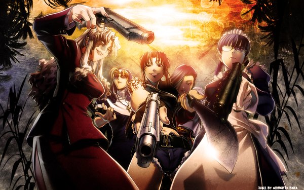 Anime picture 1920x1200 with black lagoon madhouse revy (black lagoon) balalaika (black lagoon) roberta (black lagoon) eda (black lagoon) shenhua long hair looking at viewer highres blonde hair red eyes wide image standing multiple girls brown eyes green eyes purple hair red hair braid (braids)