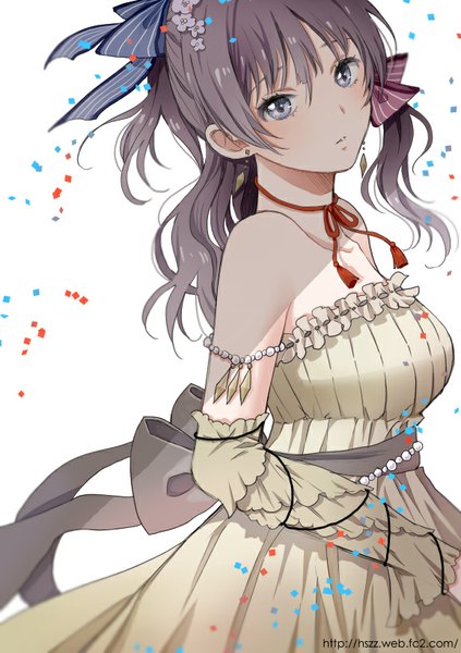Anime picture 578x819 with original hishi single long hair tall image looking at viewer fringe blue eyes simple background white background twintails bare shoulders hair flower shadow girl dress hair ornament flower (flowers) bow ribbon (ribbons)